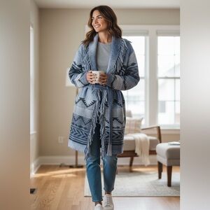 $368 New Badgely Mishka Blue Fringed Belted Cardigan